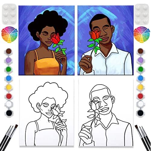 2 Pack Paint and Sip Canvas Painting Kit Pre Drawn Canvas for Painting for adults Stretched Canvas Couples Games Date Night Afro Couple Paint Party Supplies (8x10, Paint and Sip Kit)
