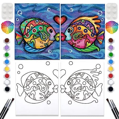 2 Pack Paint and Sip Canvas Painting Kit Pre Drawn Canvas for Painting for adults Stretched Canvas Couples Games Date Night Fish Couple Paint Party Supplies Favor