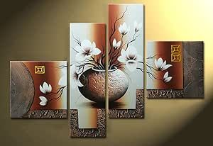 Wieco Art -Stretched and Framed 100% Hand-painted Modern Canvas Wall Art Stretched and Framed Elegant Flowers for Home Decoration Floral Oil Paintings on Canvas 4pcs/set