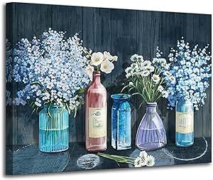 HKDGOKA Bathroom Wall Art - White Flower in Blue Vase Bathroom Decor - Paintings,Modern Canvas Wall Art Decor Artworks Pictures for Living Room Bedroom Kitchen Decoration,12x16 inch