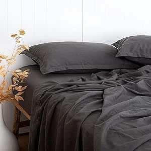PANDATEX Charcoal Grey Linen-Textured 55% Viscose from Bamboo 45% Cotton Sheets Set Queen Size, Soft Cool & Breathable Sheets for Hot Sleepers, Natural Organic Bed Sheets 16" Deep Pocket - 4 Piece