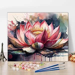 TUMOVO Pink Lotus Paint by Numbers, Retro Flower Paint by Numbers, Colorful Abstract Lotus Oil Painting Kit, DIY Acrylic Painting for Adults with Brushes and Pigment, Frameless, 16x20 Inch