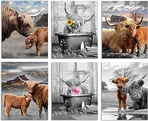 Canvas Wall Art Highland Cow Print Pictures Animal Highland Fluffy Cattle Photo Framed Farmhouse Painting 8x10 inches Set of 6 Unframed for Home Decor