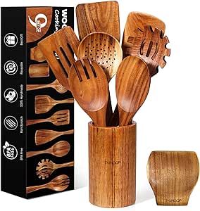 TKINGOP 9PCS Wooden Spoons for Cooking Handmade Natural Teak Wooden Utensils for Cooking with Holder & Spoon Rest Comfortable Grip Kitchen Utensils Set