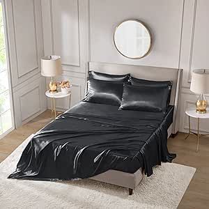 Madison Park Essentials Satin Sheets Queen Size, Luxurious Silky Satin Bed Sheets, Elastic 14" Pocket fits up to 16" Mattress, Wrinkle-Free, Soft Satin Bed Sheet Set, Black 6 Piece