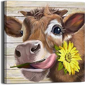 Cow Pictures Wall Decor Country Farmhouse Canvas Wall Art Rustic Sunflower Bathroom Decor Framed Artwork Paintings for Wall Decorations for Bedroom Office Kitchen Living Room,Ready to Hang 13.4" X 13.4"