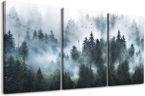 DZRWUBHS Canvas Wall Art For Living Room Family Wall Decorations For Bedroom Modern Office Wall Decor Foggy Forest Trees Landscape Painting Room Pictures Artwork Home Decor Canvas Art Prints 3 Piece
