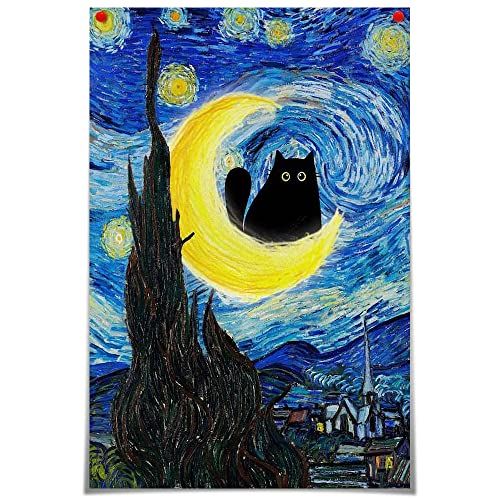 The Starry Night Cat Canvas Wall Art Famous Oil Paintings Black Cat Poster Funny Cat Floral Print Colorful Abstract Farmhouse Gallery Aesthetic Room Wall Decor for Bedroom 12x16in Unframed