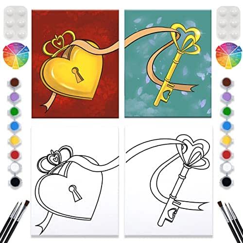 2 Pack Paint and Sip Canvas Painting Kit Pre Drawn Canvas for Painting for adults Stretched Canvas Couples Games Date Night Lock Key Paint Party Supplies Favor (8x10)