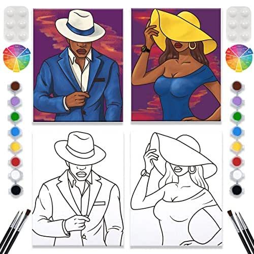 2 Pack Paint and Sip Canvas Painting Kit Pre Drawn Canvas for Painting for Adults Stretched Canvas Couples Games Date Night Gentleman and Lady Paint Party Supplies Anniversary Valentines Day (8x10)