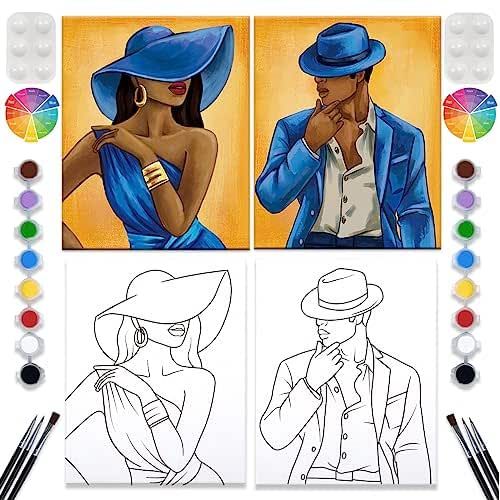 2 Pack Paint and Sip Canvas Painting Kit Pre Drawn Canvas for Painting for adults Stretched Canvas Couples Games Date Night Afro Elegant Gentleman and Lady Couple Paint Party Supplies Favor