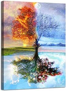 AGCary Four Season Tree of Life Poster with Framed Print Canvas Painting Picture Wall Art for Home Decorations Wall Decor 12 x 16