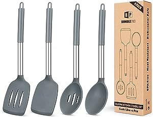 Pack of 4 Silicone Cooking Utensils Set, Non Stick Large Solid Spatulas, Heat Resistant Gray Slotted Spoons, Ideal BPA Free Kitchen Turners for Frying, Mixing,Serving,Draining,Turning,Stirring