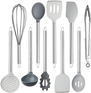 COOK WITH COLOR Silicone Cooking Utensils, 10 Pc Kitchen Utensil Set, Easy to Clean Silicone Kitchen Utensils, Cooking Utensils for Nonstick Cookware, Kitchen Gadgets Set (Grey)