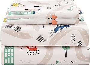 JSD Car Kids Printed Sheet Set Full Size, 4 Piece Soft Microfiber Bed Sheets Deep Pocket