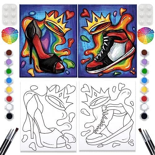2 Pack Paint and Sip Canvas Painting Kit Pre Drawn Canvas for Painting for adults Stretched Canvas Couples Games Date Night Afro Shoe Crown Couple Paint Party Supplies Favor