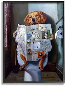 Stupell Industries Dog Reading the Newspaper On Toilet Funny Painting Framed Giclee Art Design By Artist Lucia Heffernan