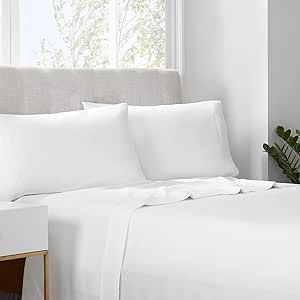 Serta Simply Clean Super Soft Hypoallergenic Stain Resistant Deep Pocket 4 Pieces Solid Bed Sheet Set, Queen, White