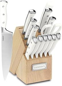 Cuisinart 15-Piece Knife Set with Block, High Carbon Stainless Steel, Forged Triple Rivet, White, C77WTR-15P