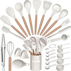 28 Pcs Silicone Cooking Utensils Kitchen Utensil Set - 446°F Heat Resistant, Turner Tongs, Spatula, Spoon, Brush, Whisk, Wooden Handle, Kitchen Gadgets with Holder for Nonstick Cookware (White)