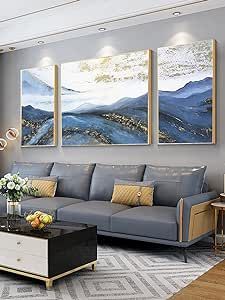 Aitesi Art Framed Canvas Wall Art For Living Room-Blue Mountain Oil Painting For Bedroom- 3 Pieces Modern Abstract Wall Decor for Office Ready to Hang Home Decor 24x48inches