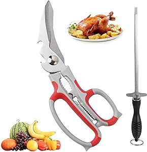 FEYAM Latest 2023 Heavy Duty Kitchen Shears,All Purpose Cooking Tool, Bone Cutting Multi-purpose Scissors for Poultry/Chicken/Turkey/Fish/Vegetables(+Sharpener Rod)