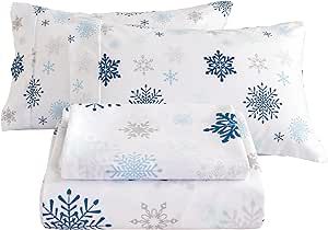 Mooreeke Christmas Holiday Full Sheets, Snowflake Printed Full Bed Sheet Set with Deep Pocket Non-Slip Fitted Winter Sheet