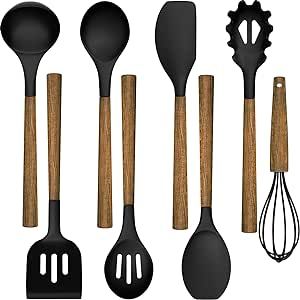 Silicone Cooking Utensil Set, Umite Chef 8-Piece Kitchen Utensils Set with Natural Acacia Wooden Handles,Food-Grade Silicone Heads-Silicone Kitchen Gadgets Spatulas Set for Nonstick Cookware- Black