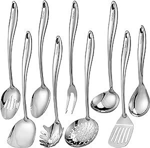 304 Stainless Steel Kitchen Utensil Set - 9 PCS Serving Utensils, Cooking Utensil, Solid Spoon, Slotted Spoon, Fork, Spatula, Ladle, Skimmer Spoon, Slotted Spatula Tunner, Spaghetti Spoon, Large Spoon
