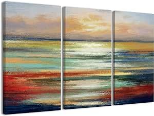 Blue and Red Wall Art-Abstract Ocean Sunrise Picture 3 Piece Canvas Print Wall Painting Modern Artwork Canvas Wall Art for Living Room Home Office Decor