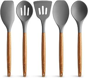 Premium 5 Piece Silicone Utensils Set with Authentic Acacia Hardwood Handles, All Purpose Silicone Spatulas Kitchen Set, Wood Cooking Utensils Set, Non-Stick Cookware by Zulay Kitchen