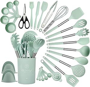 QMVESS Silicone Kitchen Utensil Set, 28 Pcs Non-Stick Cooking Utensils Set with Holder, Tongs, Spatula, Whisk, Measuring Cups and Spoons Set with Stainless Steel Handle Kitchen Gadgets (Light Green)