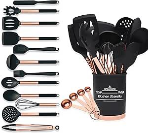 Silicone cookware set,17 Pcs rose gold kitchen accessories,heat resistant silicone cooking utensils safe to use non-stick pans