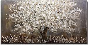 Boiee Art,24x48Inch Textured Hand Painted Canvas Paintings Silver Leaves Abstract Tree 3D Oil Paintings Landscape Artwork Modern Home Decor Wall Art Wood Inside Framed Hanging Wall Decor