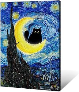 Monet Canvas Wall Art Famous Oil Painting Monets Black Cat Poster Funny Cat Print Abstract Farmhouse Gallery Aesthetic Room Decoration Living Room Bedroom Office (Starry Night, 12x16in Unframed)