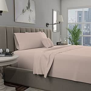 Purity Home 400 Thread Count 100% Cotton Sheets, Cooling Percale Queen Blush Sheet Set, with Elasticized Deep Pocket Bed Sheets, Hotel Luxury 4 Piece Queen Size Bedding Set - Queen, Blush