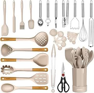 Kesupair Silicone Kitchen Utensils Set - Heat Resistant Silicone Cooking Utensils for Cooking Wooden Handles, Spatula Set, Kitchen Utensil Tools and Gadgets Sets for Non-Stick Cookware (Khaki)