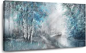 SOUGUAN Forest Wall Decor/Blue Canvas Prints/Botanical Plant Wall Art/White Light Pictures/Foggy Tree Paintings Artwork with Framed 20x40 In