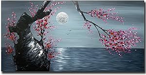 V-inspire Art, 24x48 Inch Hand-Painted Floral Artwork - Plum blossoms blooming under the moon - Chinese Paintings Canvas Wall art for Living room On Bedroom Ready to Hang