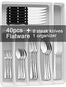49-Piece Silverware Set with Flatware Drawer Organizer, Heavy Duty Stainless Steel Cutlery for 8, Mirror Polished Kitchen Utensils Tableware Service with Steak Knives Dinner Fork Knife Spoon & Tray