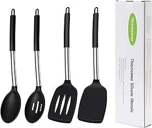 Silicone Spatula Spoon, 4 Pack Silicone Solid Turner Slotted Spatula and Kitchen Silicone Spoons Set for Cooking Baking, Heat Resistant BPA Free Black Silicone Utensils for Nonstick Cookware Mixing
