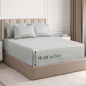 Extra Deep King 6 Piece Bedding Sheet Set - Breathable & Cooling - Hotel Luxury Bed Sheets Set - Easy Fit - Soft, Wrinkle Free & Comfy French Grey Bedding Sheets - Extra Deep Pockets Bed Sheet Set