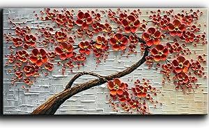 YaSheng Art - hand-painted Oil Painting On Canvas Texture Palette Knife Red Flowers Paintings Modern Home Decor Wall Art Painting Colorful 3D Flowers Tree Paintings Ready to hang 24x48inch