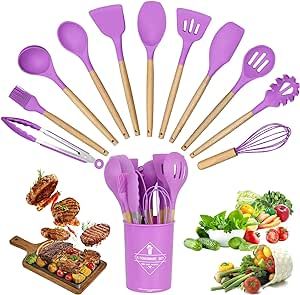 12 Pcs Silicone Cooking Utensils Set Kitchenware Set Kitchen Tool Set Kitchen Utensils for Cooking Wooden Handle Gadgets with Holder for Nonstick Cookware