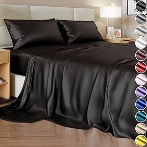 DECOLURE Silky Satin Bed Sheets Set, (Queen Size) Black