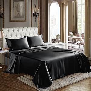 CozyLux Satin Sheets King Size - 4 Piece Black Bed Sheet Set with Silky Microfiber, 1 Deep Pocket Fitted Sheet, 1 Flat Sheet, and 2 Pillowcases - Smooth and Soft