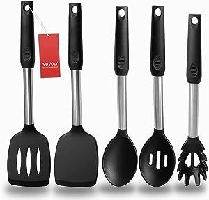 Silicone Spatula and Cooking Spoon,5 Pack Non-Stick Cooking Utensils for Kitchen,Heat Resistant Solid & Slotted Spoons and Spatulas, Stainless Steel Handle Coated with Silicone,Black