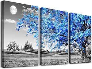 Wall Art For Living Room black and white Blue tree moon Canvas Wall Decor for Home artwork Painting 12" x 16" 3 Pieces Canvas Print For bedroom Decor Modern Salon kitchen office Hang a picture
