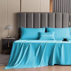 Queen Size Sheet Set Aqua Blue 4 Piece Bamboo Sheets Soft Breathable Fitted Sheet 16" Extra Deep Pocket Pure Luxury Hotel Collection Cooling Bamboo Bed Sheets Wrinkle Free Durable 90" x 102" Sheets