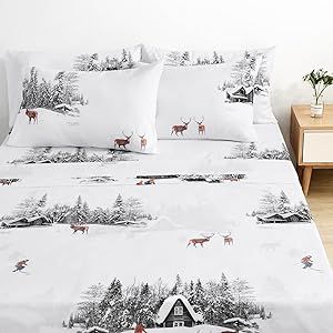 BYSURE Cabin Printed Christmas Pattern Bed Sheets 6 Pieces Set (King Size, Winter Cabin), Microfiber 15 inch Deep Pocket Bedding, Wrinkle & Fade Resistant